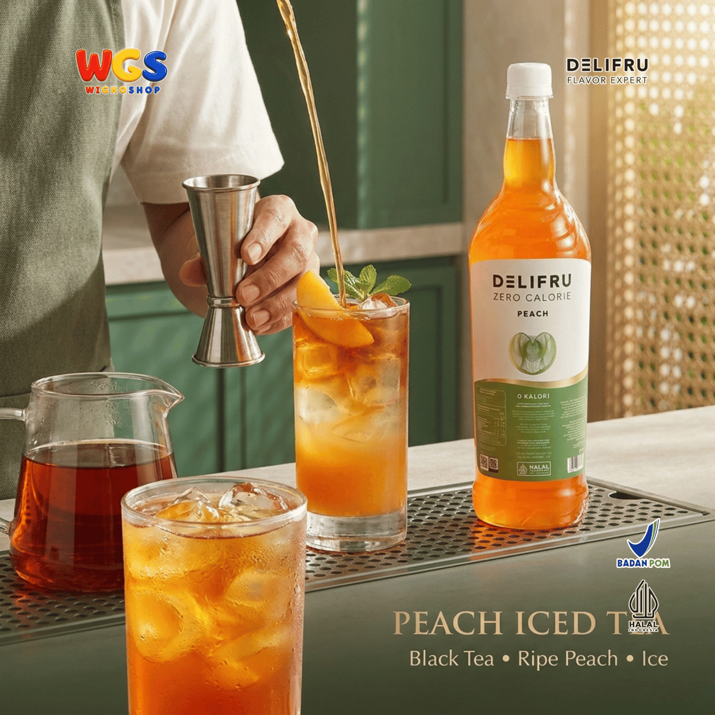 DELIFRU Zero Calorie Peach Syrup 1 Liter - Sirup Persik Bebas Gula untuk Iced Tea Mocktail Soda Minuman Cafe Halal