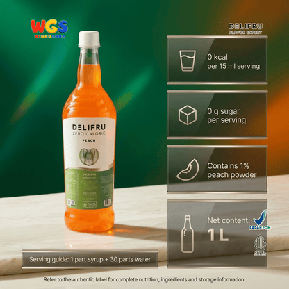 DELIFRU Zero Calorie Peach Syrup 1 Liter - Sirup Persik Bebas Gula untuk Iced Tea Mocktail Soda Minuman Cafe Halal
