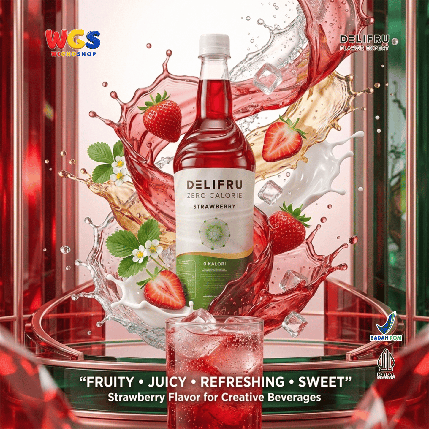 DELIFRU Zero Calorie Strawberry Syrup 1 Liter - Sirup Stroberi Bebas Gula untuk Mocktail Soda Iced Tea Minuman Cafe Halal