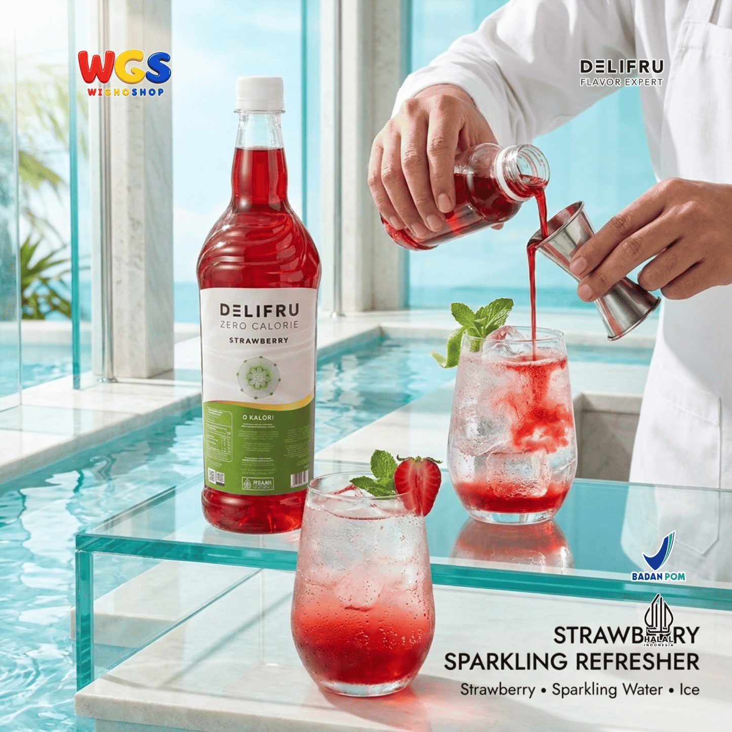 DELIFRU Zero Calorie Strawberry Syrup 1 Liter - Sirup Stroberi Bebas Gula untuk Mocktail Soda Iced Tea Minuman Cafe Halal