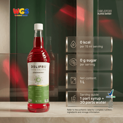DELIFRU Zero Calorie Strawberry Syrup 1 Liter - Sirup Stroberi Bebas Gula untuk Mocktail Soda Iced Tea Minuman Cafe Halal