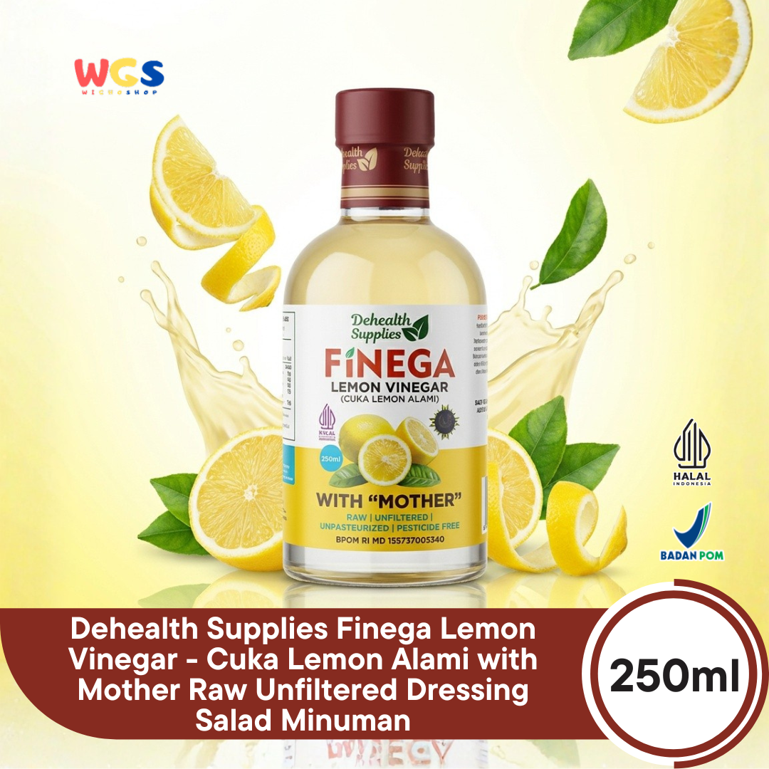 Dehealth Supplies Finega Lemon Vinegar 250ml - Cuka Lemon Alami with Mother Raw Unfiltered Dressing Salad Minuman