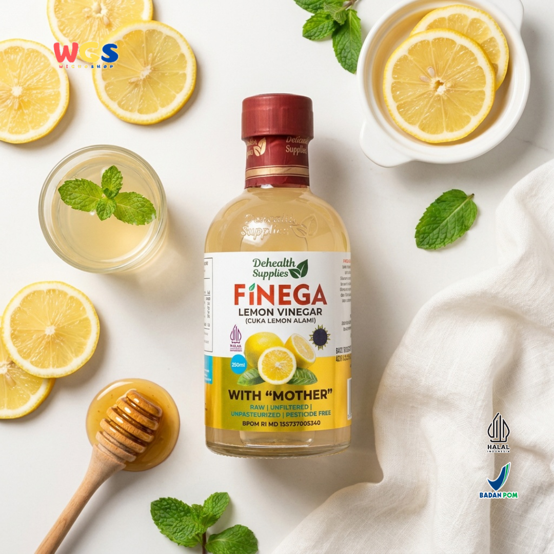 Dehealth Supplies Finega Lemon Vinegar 250ml - Cuka Lemon Alami with Mother Raw Unfiltered Dressing Salad Minuman