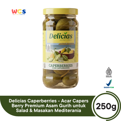Delicias Caperberries 250g - Acar Capers Berry Premium Asam Gurih untuk Salad & Masakan Mediterania