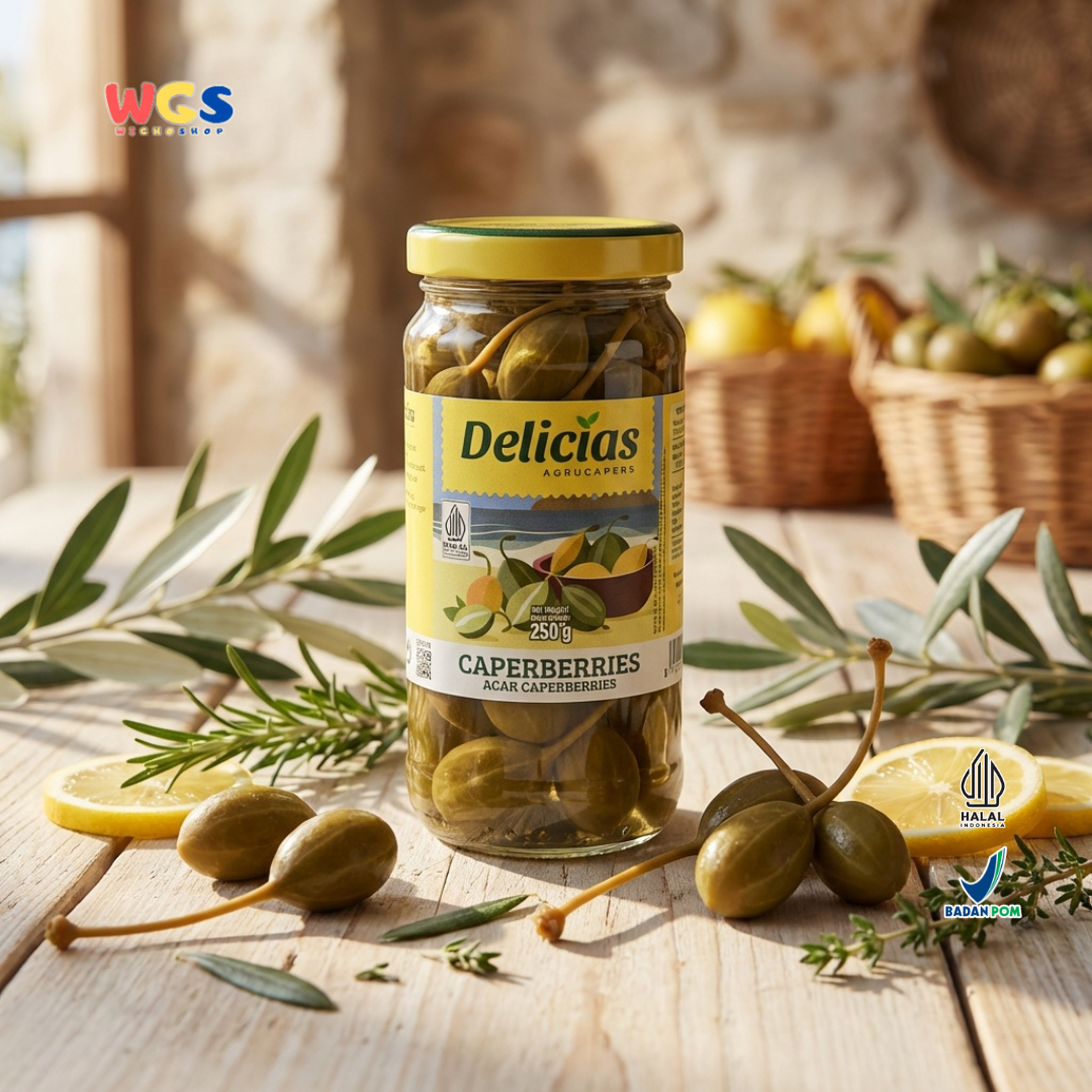 Delicias Caperberries 250g - Acar Capers Berry Premium Asam Gurih untuk Salad & Masakan Mediterania