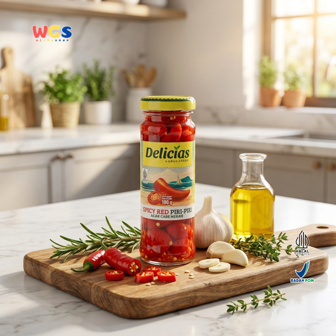 Delicias Spicy Red Piri-Piri 100g - Acar Cabe Merah Pedas Asam Gurih untuk Masakan & Topping