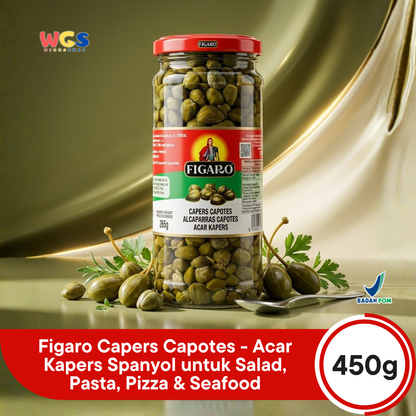 Figaro Capers Capotes 450g - Acar Kapers Spanyol untuk Salad, Pasta, Pizza & Seafood