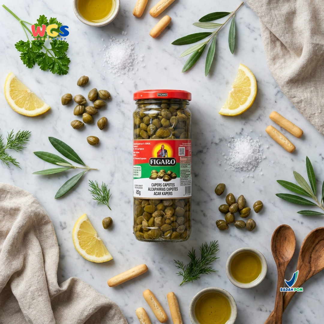 Figaro Capers Capotes 450g - Acar Kapers Spanyol untuk Salad, Pasta, Pizza & Seafood