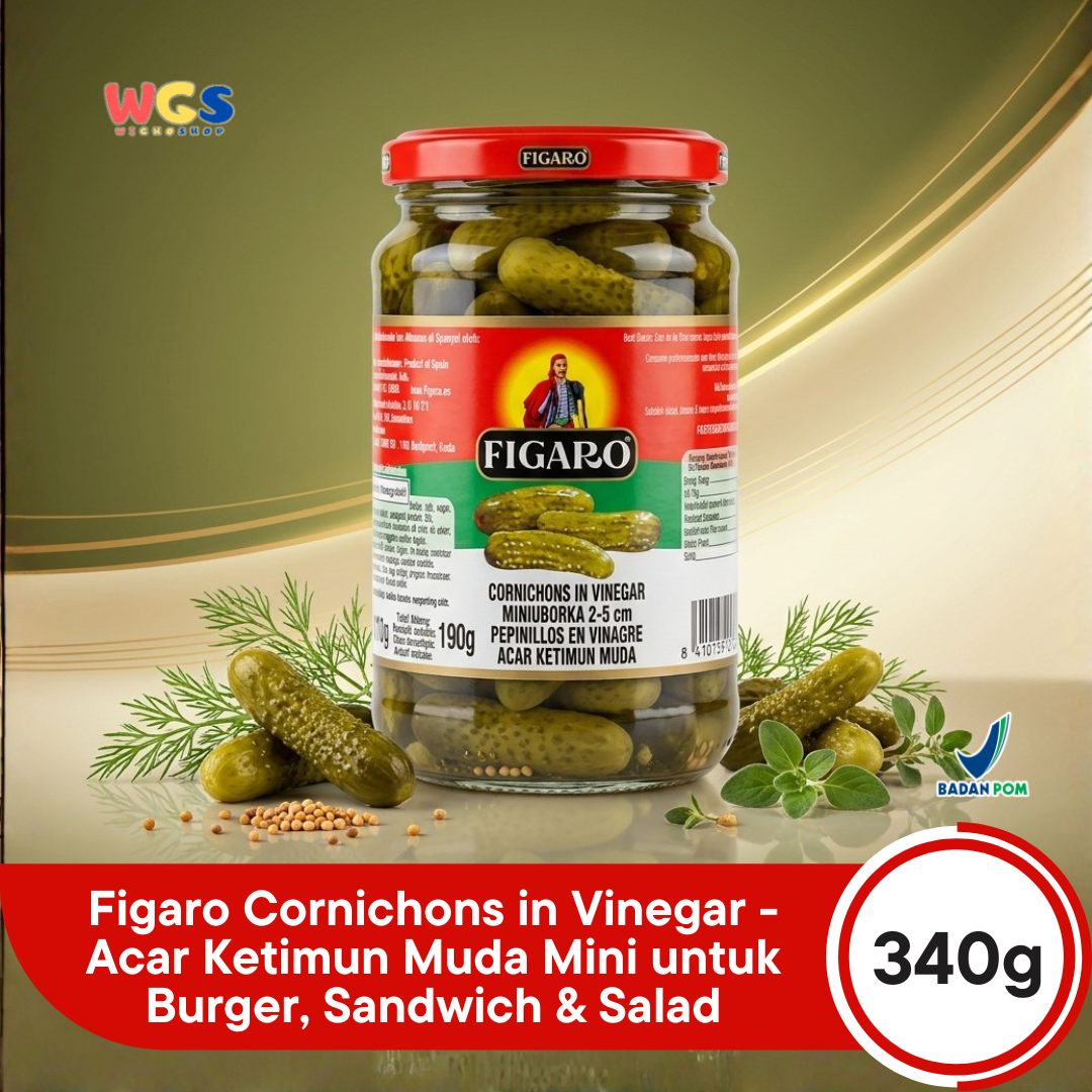 Figaro Cornichons in Vinegar 340g - Acar Ketimun Muda Mini untuk Burger, Sandwich & Salad
