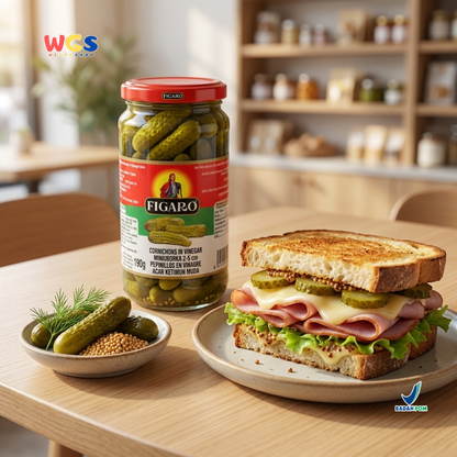 Figaro Cornichons in Vinegar 340g - Acar Ketimun Muda Mini untuk Burger, Sandwich & Salad