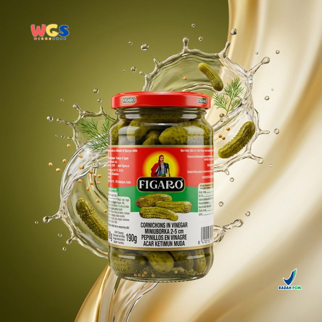 Figaro Cornichons in Vinegar 340g - Acar Ketimun Muda Mini untuk Burger, Sandwich & Salad
