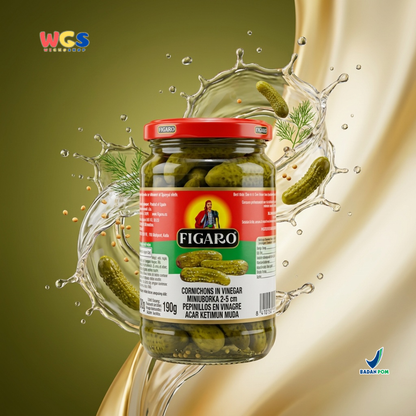 Figaro Cornichons in Vinegar 340g - Acar Ketimun Muda Mini untuk Burger, Sandwich & Salad