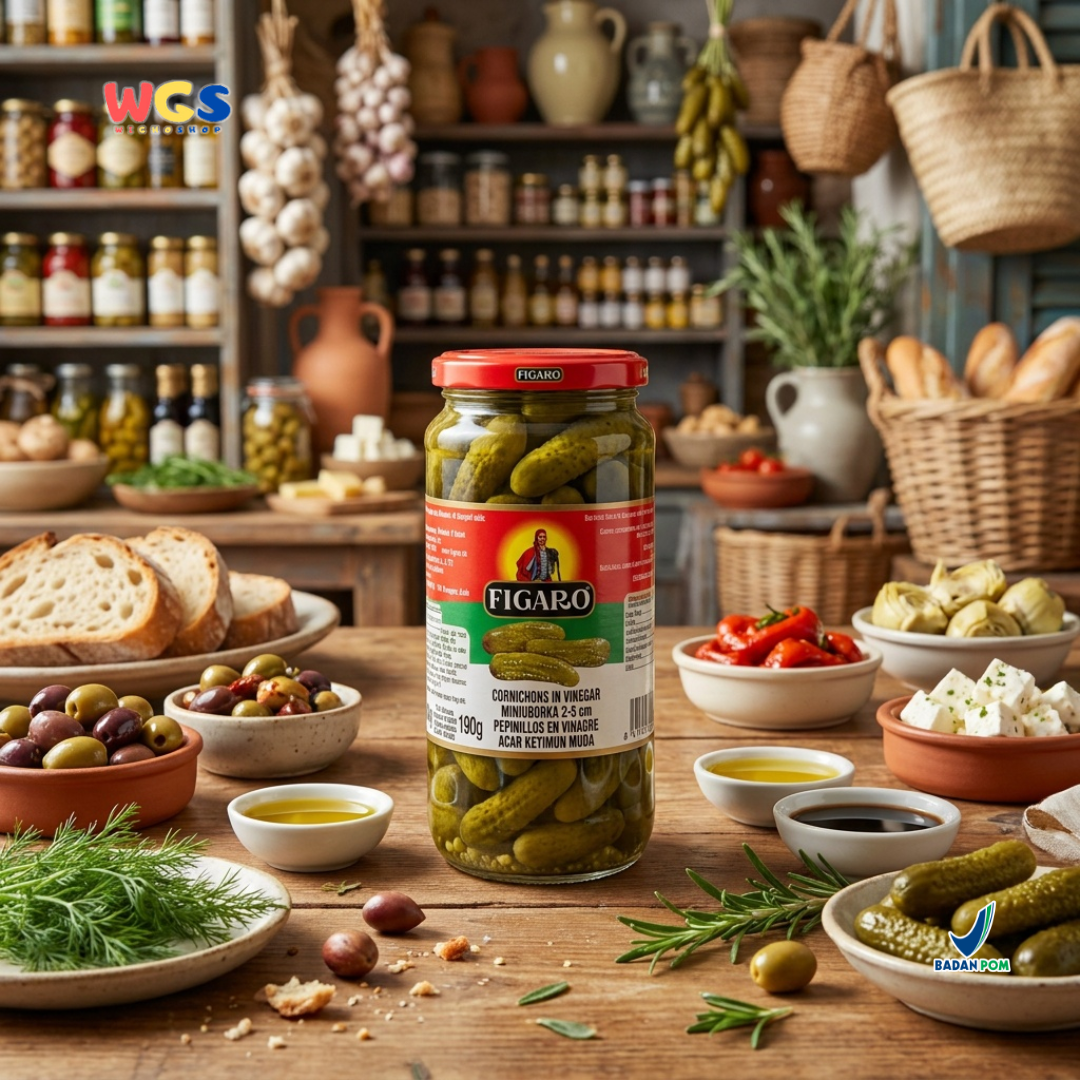 Figaro Cornichons in Vinegar 340g - Acar Ketimun Muda Mini untuk Burger, Sandwich & Salad