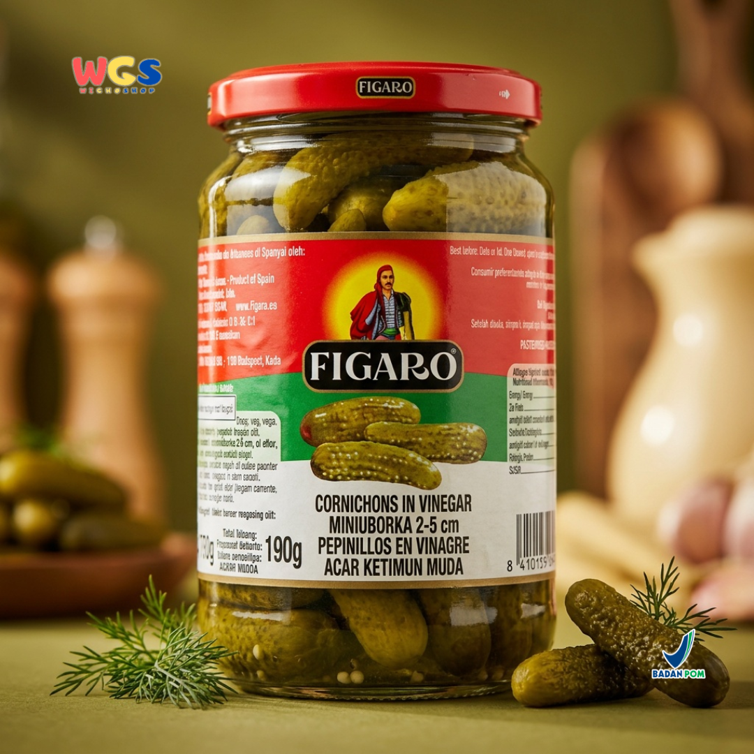 Figaro Cornichons in Vinegar 340g - Acar Ketimun Muda Mini untuk Burger, Sandwich & Salad