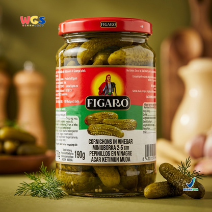 Figaro Cornichons in Vinegar 340g - Acar Ketimun Muda Mini untuk Burger, Sandwich & Salad