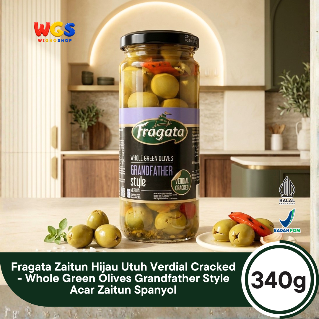 Fragata Zaitun Hijau Utuh Verdial Cracked 340g - Whole Green Olives Grandfather Style Acar Zaitun Spanyol