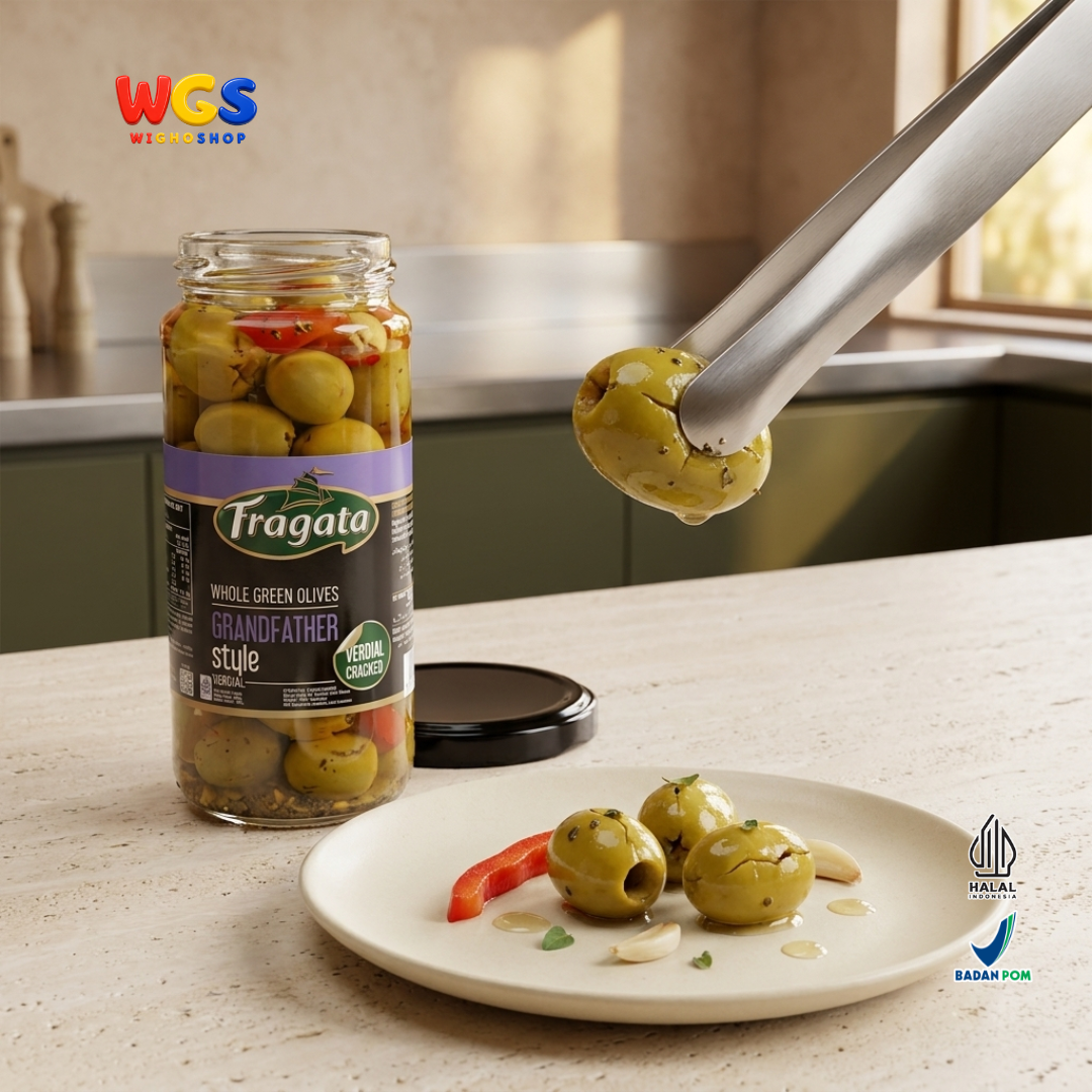 Fragata Zaitun Hijau Utuh Verdial Cracked 340g - Whole Green Olives Grandfather Style Acar Zaitun Spanyol