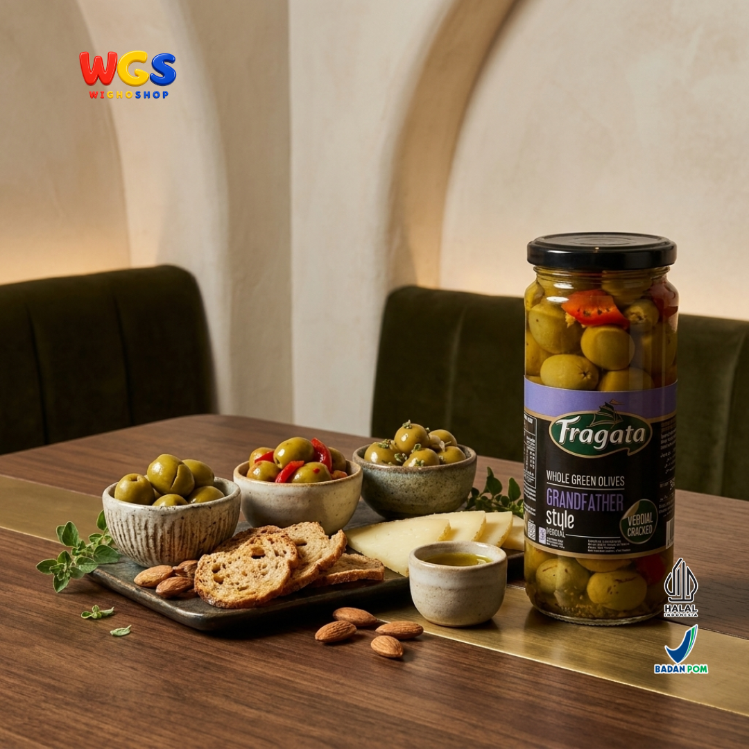 Fragata Zaitun Hijau Utuh Verdial Cracked 340g - Whole Green Olives Grandfather Style Acar Zaitun Spanyol