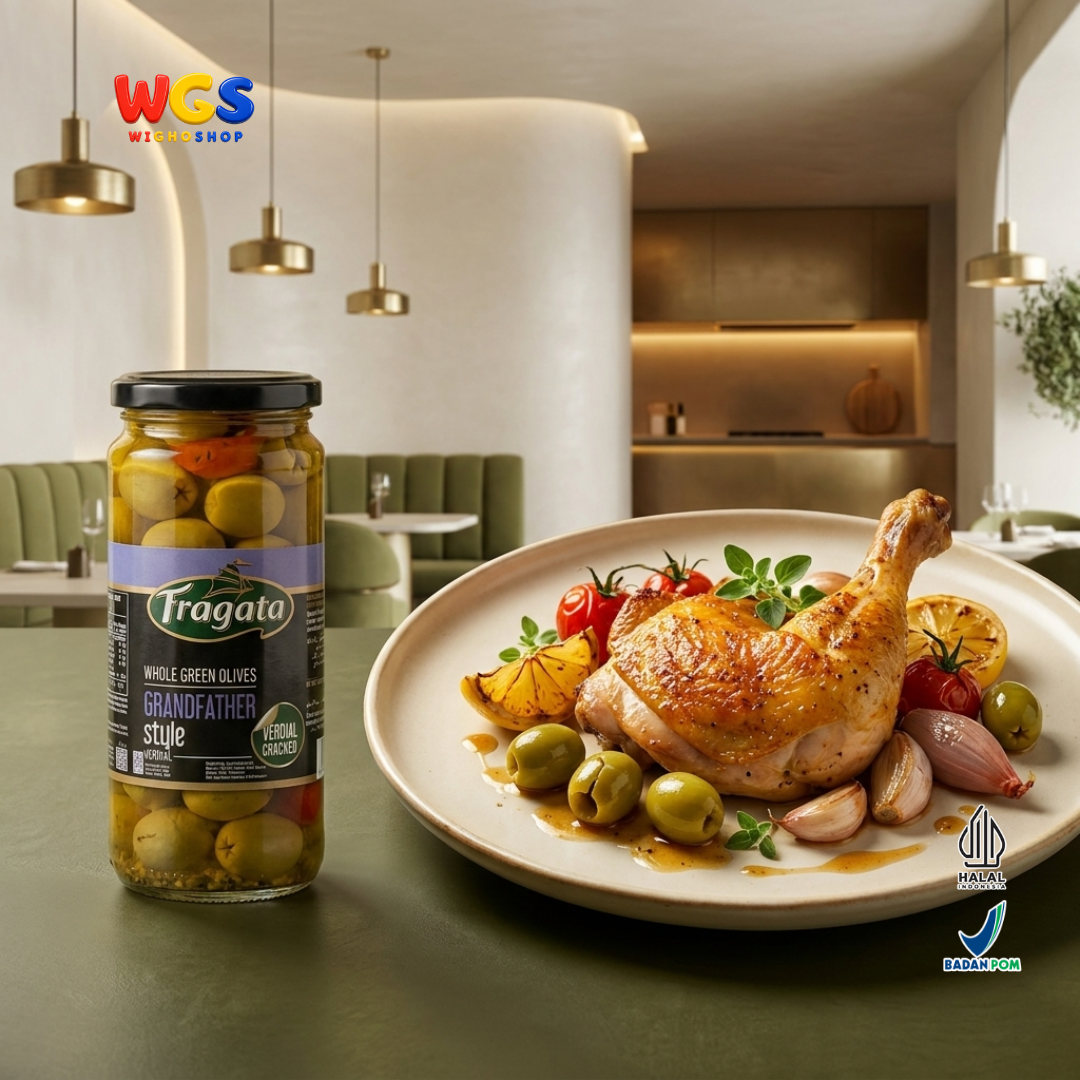 Fragata Zaitun Hijau Utuh Verdial Cracked 340g - Whole Green Olives Grandfather Style Acar Zaitun Spanyol