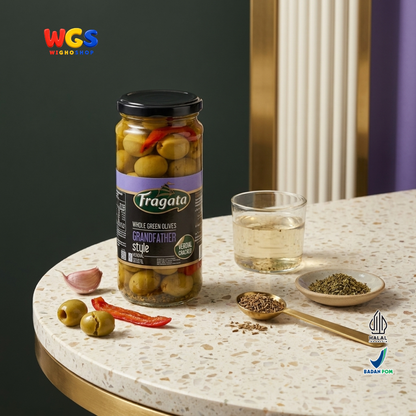 Fragata Zaitun Hijau Utuh Verdial Cracked 340g - Whole Green Olives Grandfather Style Acar Zaitun Spanyol