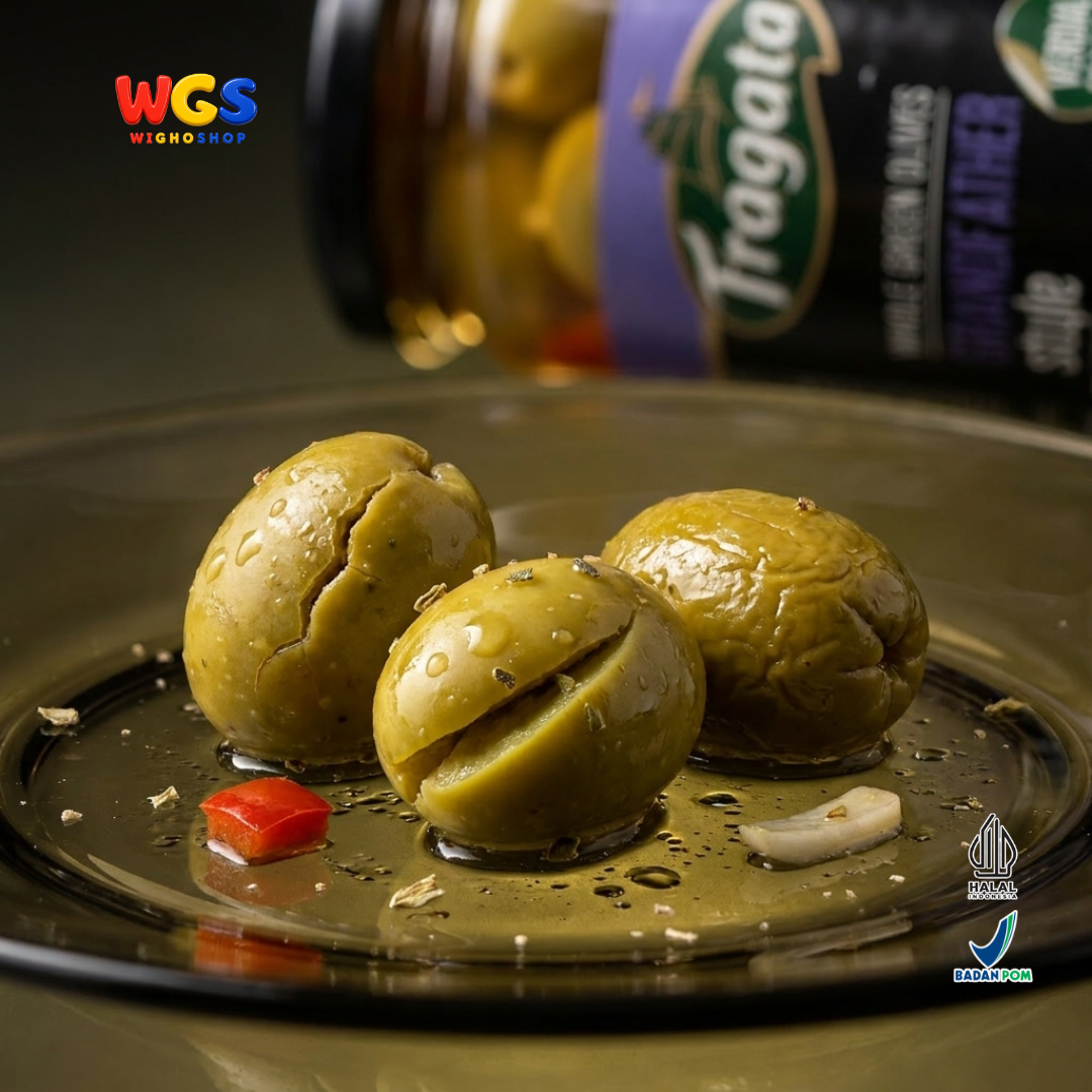 Fragata Zaitun Hijau Utuh Verdial Cracked 340g - Whole Green Olives Grandfather Style Acar Zaitun Spanyol