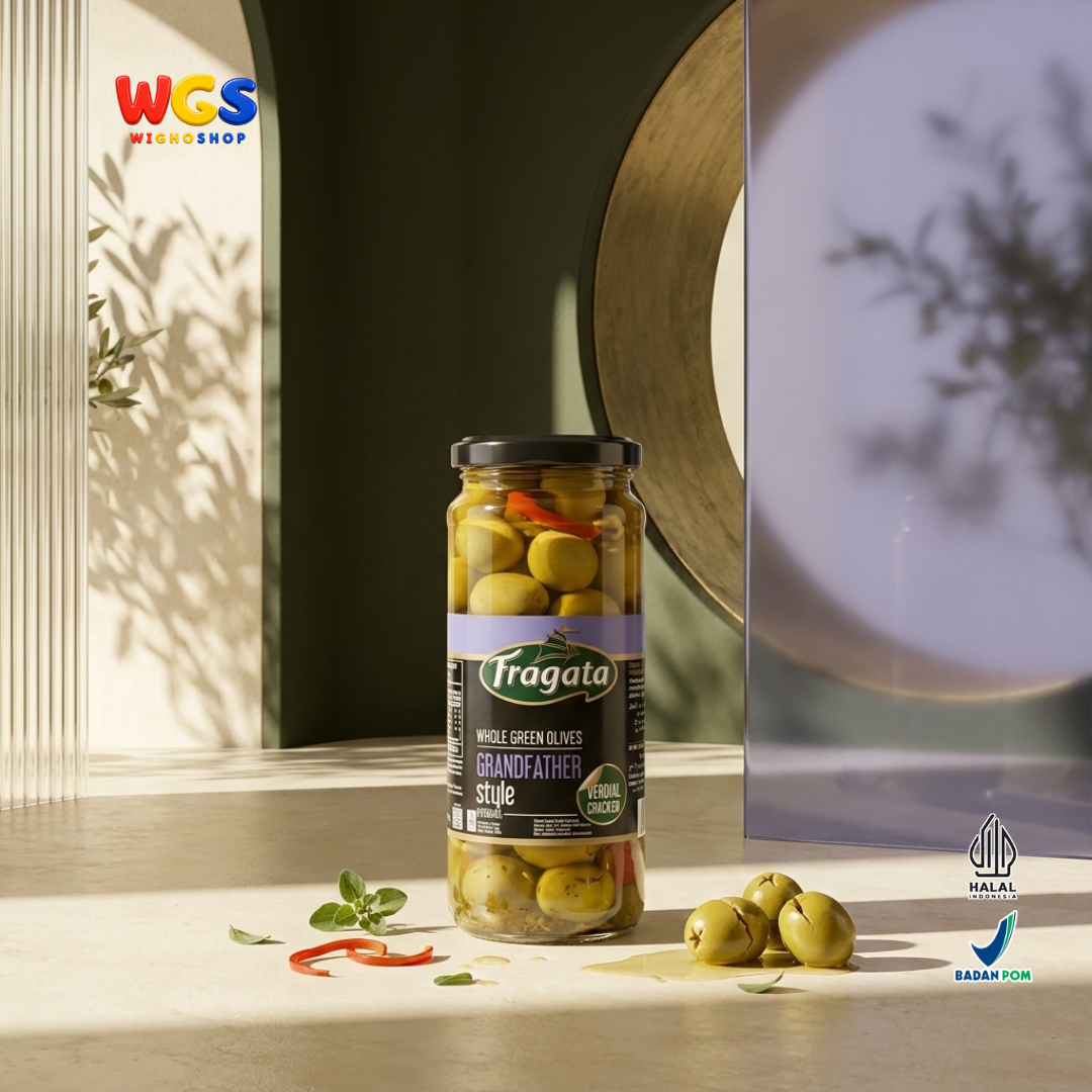 Fragata Zaitun Hijau Utuh Verdial Cracked 340g - Whole Green Olives Grandfather Style Acar Zaitun Spanyol