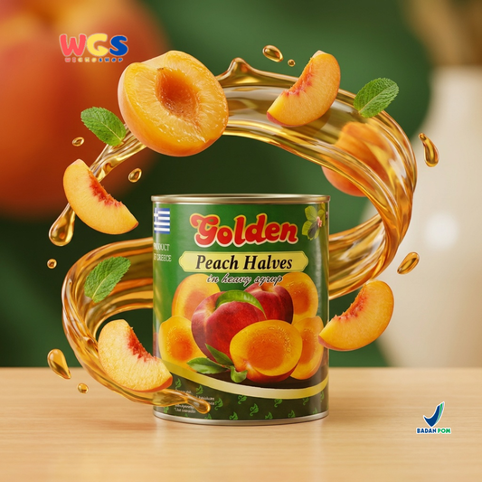 Golden Peach Halves in Heavy Syrup 820g - Buah Persik Kaleng Sirup Dessert Es Buah Pudding Cake Salad Topping Greece