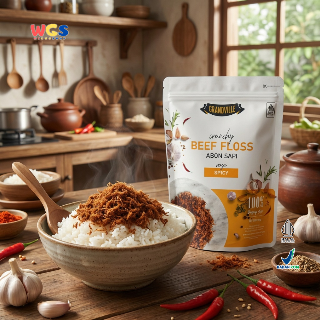 Grandville Abon Sapi Spicy 90g - Beef Floss Pedas Crunchy 100% Daging Sapi No MSG