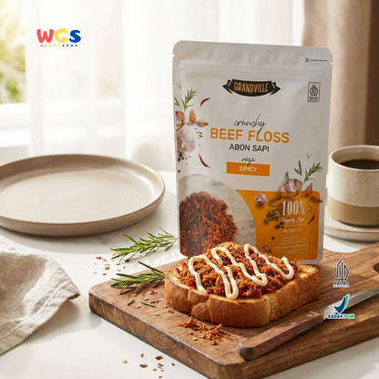 Grandville Abon Sapi Spicy 90g - Beef Floss Pedas Crunchy 100% Daging Sapi No MSG