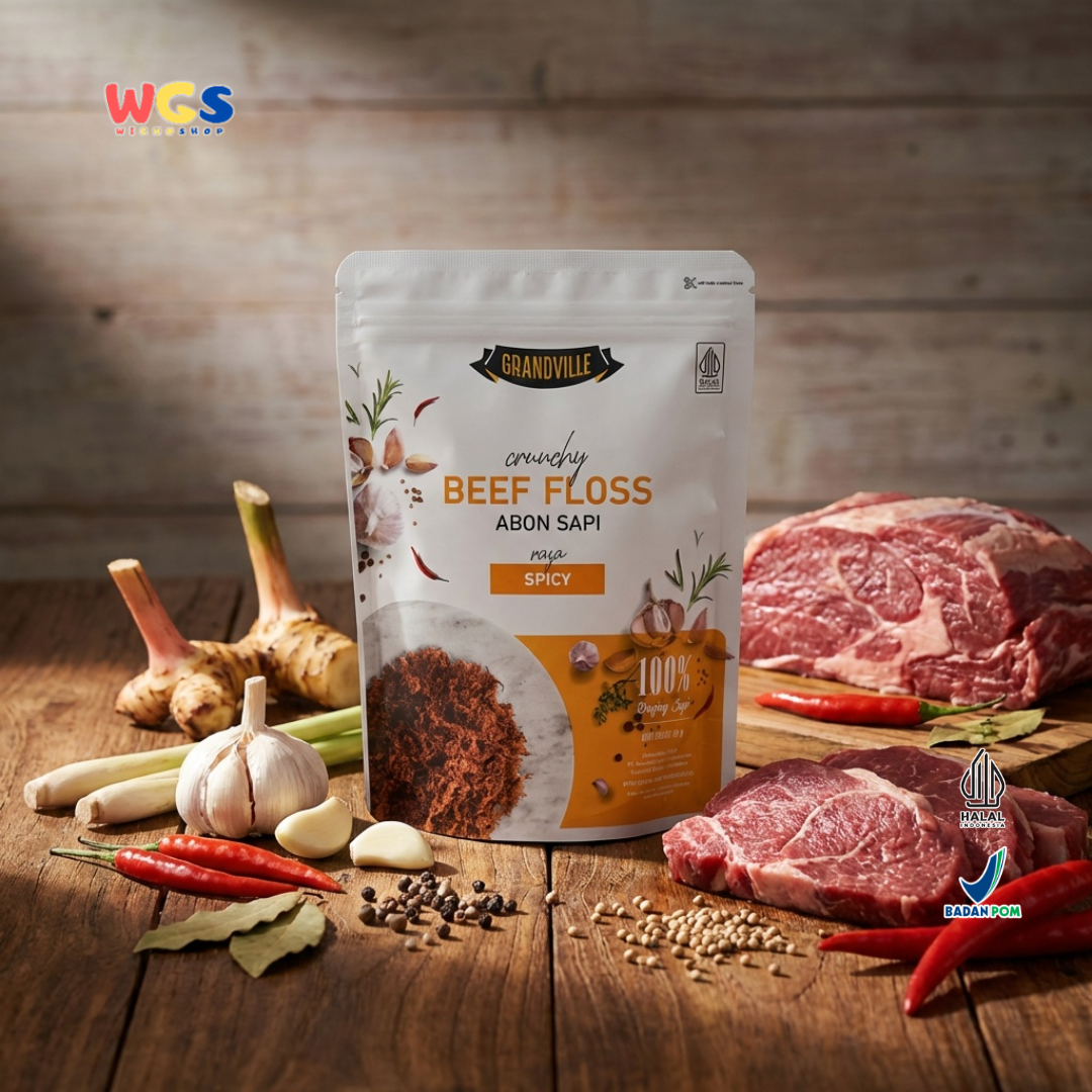 Grandville Abon Sapi Spicy 90g - Beef Floss Pedas Crunchy 100% Daging Sapi No MSG