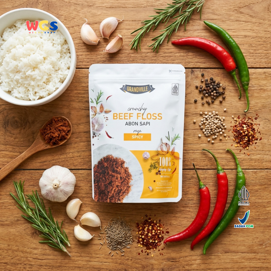 Grandville Abon Sapi Spicy 90g - Beef Floss Pedas Crunchy 100% Daging Sapi No MSG