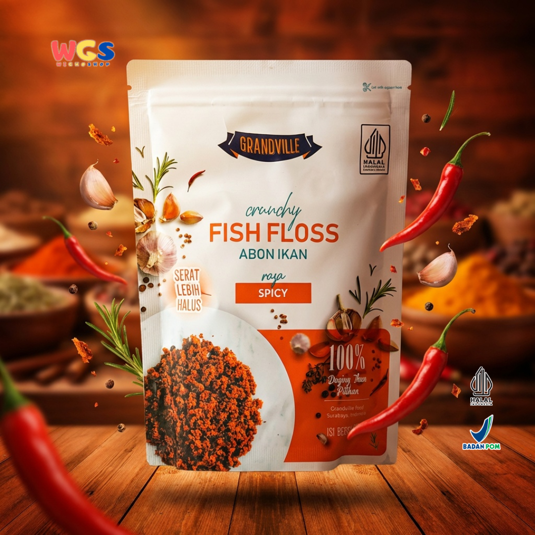 Grandville Crunchy Fish Floss Spicy Flavour 100g - Abon Ikan Pedas Gurih 100% Daging Ikan Halal