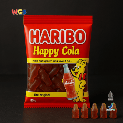 HARIBO Happy Cola Gummy Candy 80g – Permen Jeli Bentuk Botol Rasa Cola