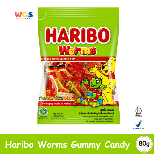 HARIBO Worms Gummy Candy 80g – Permen Jelly Bentuk Spiral Warna-warni Rasa Buah