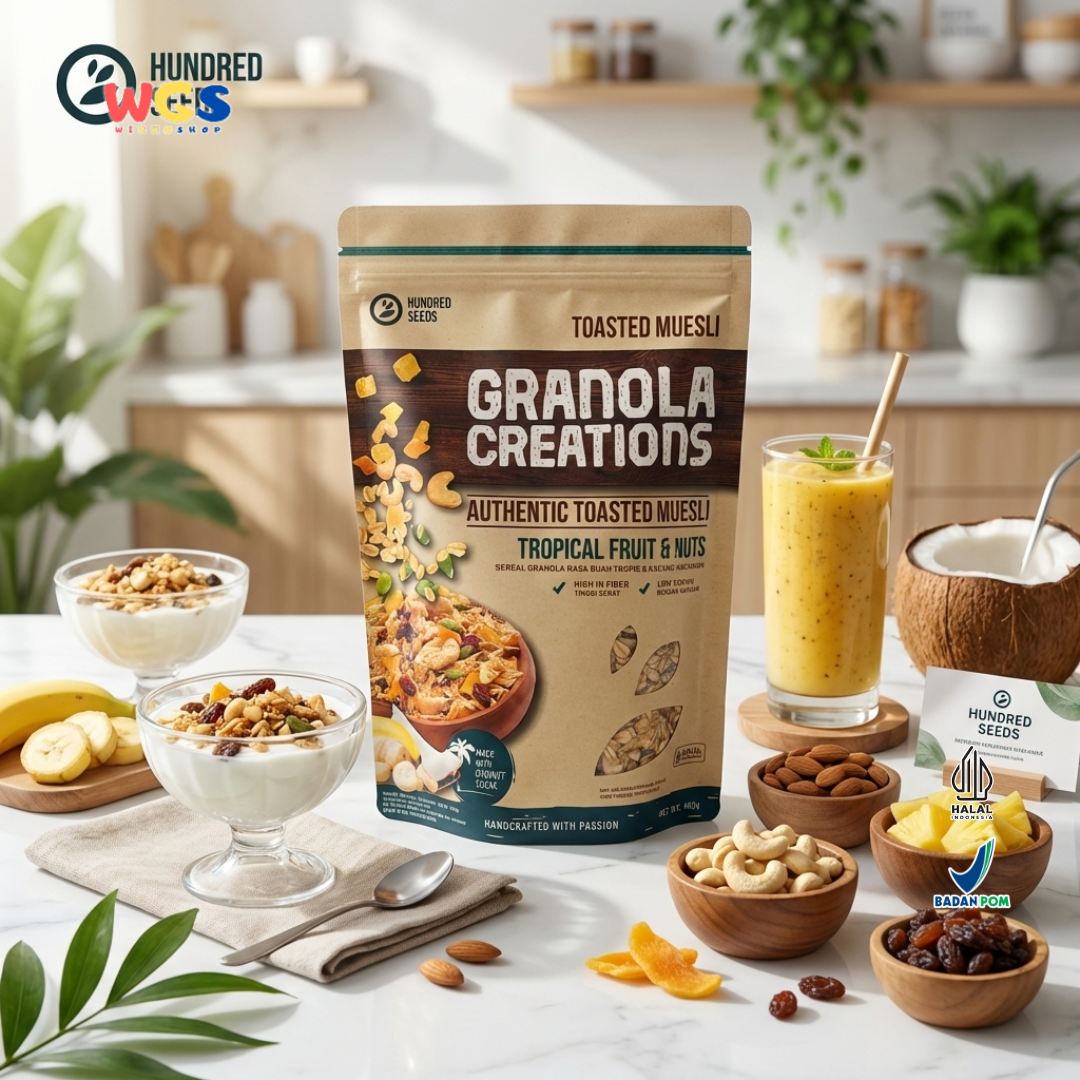 Hundred Seeds Granola Creations Tropical Fruit Nuts 400g - Granola Muesli Tinggi Serat