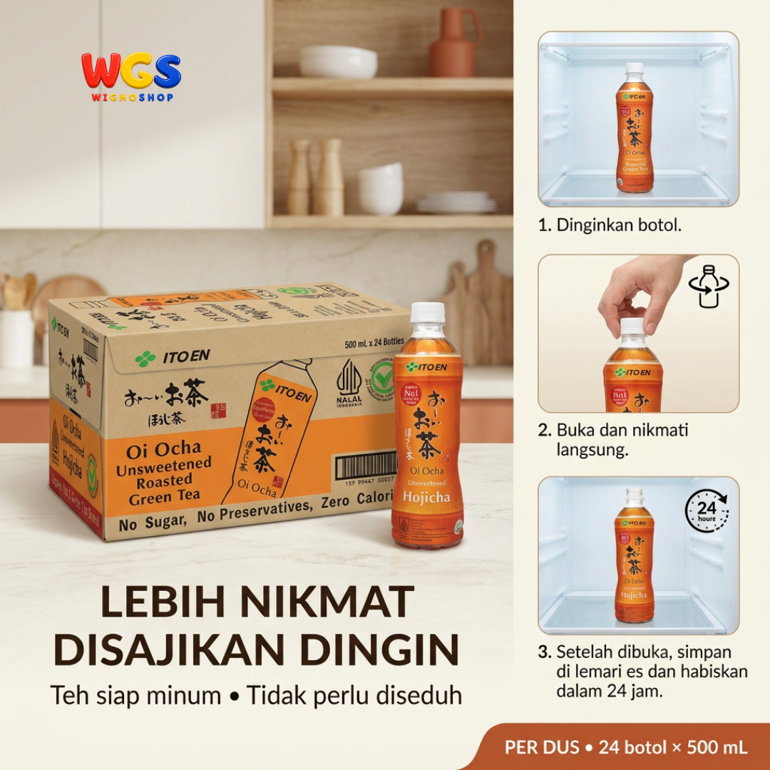 ITO EN Oi Ocha Hojicha 500ml x 24 Botol 1 Dus - Teh Hijau Sangrai Jepang Tawar Tanpa Gula