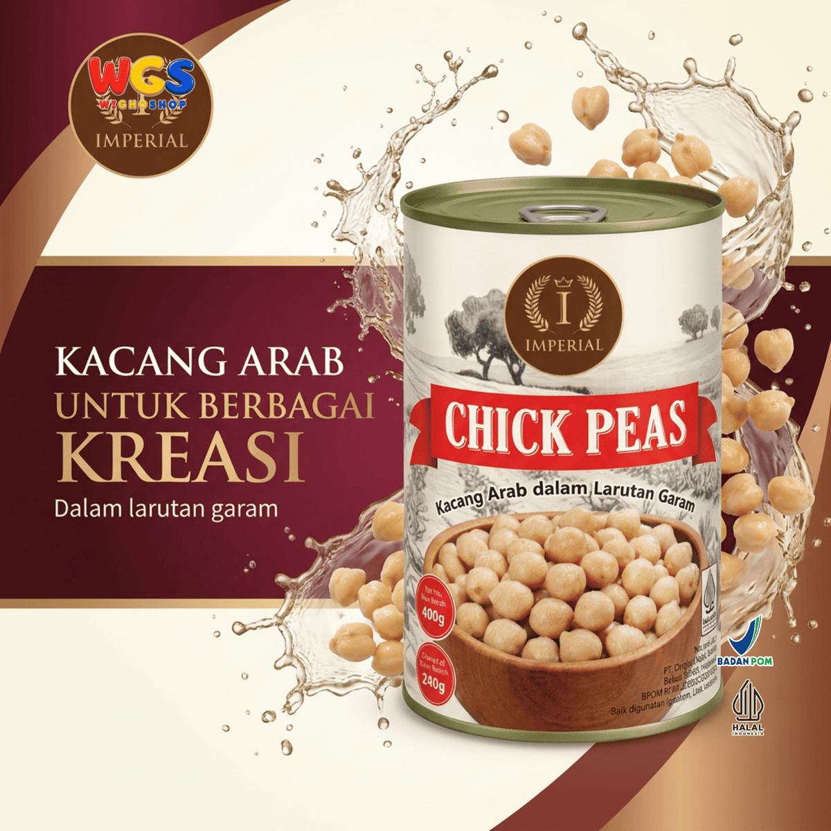 Imperial Chick Peas 400g - Kacang Arab Kaleng dalam Larutan Garam Siap Olah untuk Hummus Salad Kari Sup