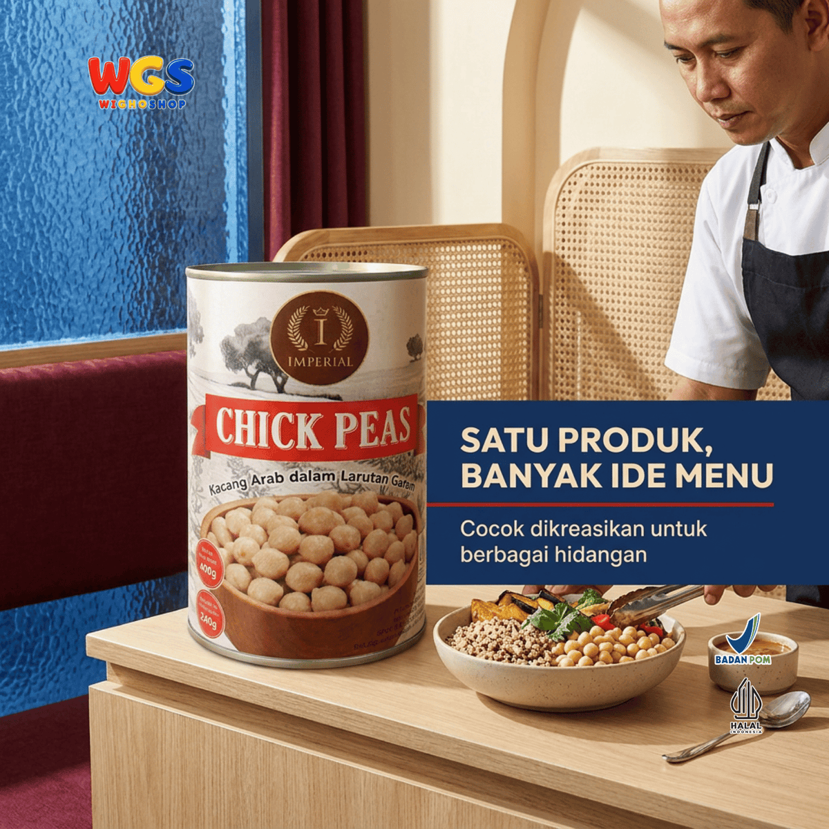 Imperial Chick Peas 400g - Kacang Arab Kaleng dalam Larutan Garam Siap Olah untuk Hummus Salad Kari Sup