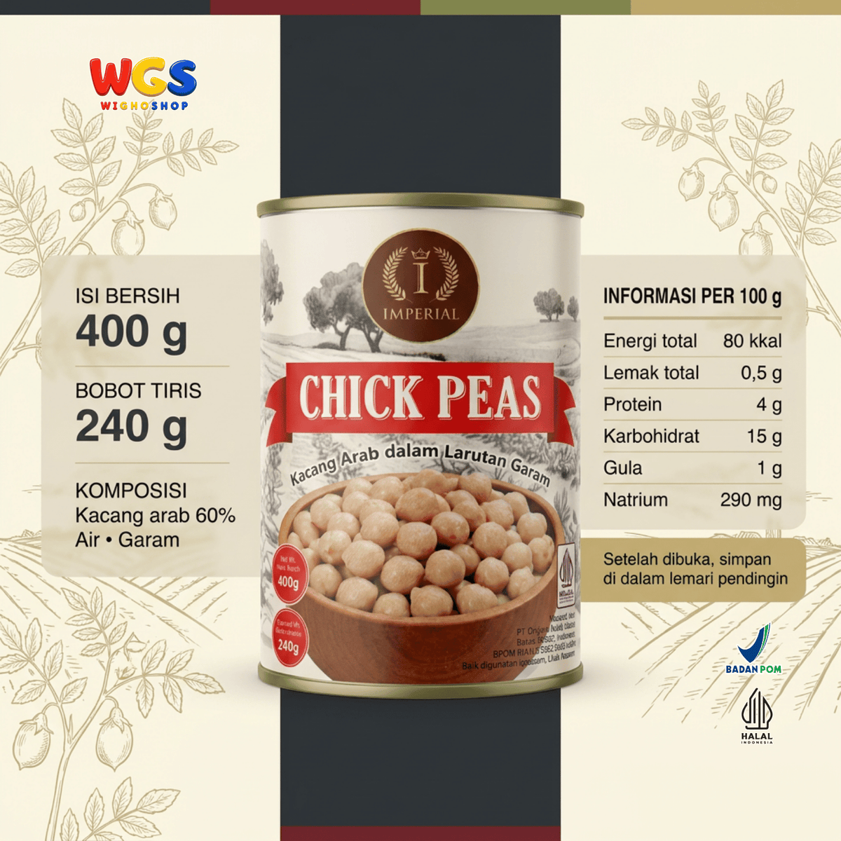 Imperial Chick Peas 400g - Kacang Arab Kaleng dalam Larutan Garam Siap Olah untuk Hummus Salad Kari Sup