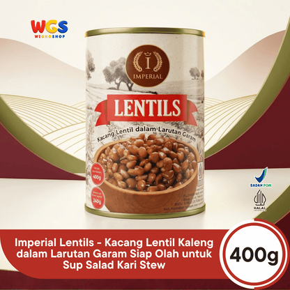 Imperial Lentils 400g - Kacang Lentil Kaleng dalam Larutan Garam Siap Olah untuk Sup Salad Kari Stew