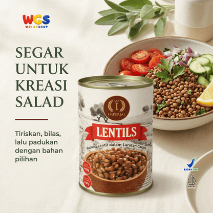 Imperial Lentils 400g - Kacang Lentil Kaleng dalam Larutan Garam Siap Olah untuk Sup Salad Kari Stew
