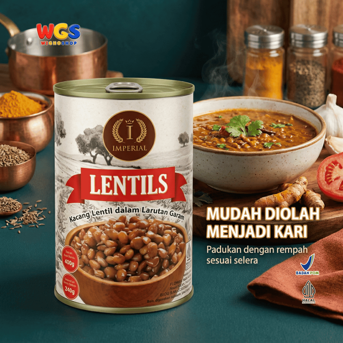 Imperial Lentils 400g - Kacang Lentil Kaleng dalam Larutan Garam Siap Olah untuk Sup Salad Kari Stew