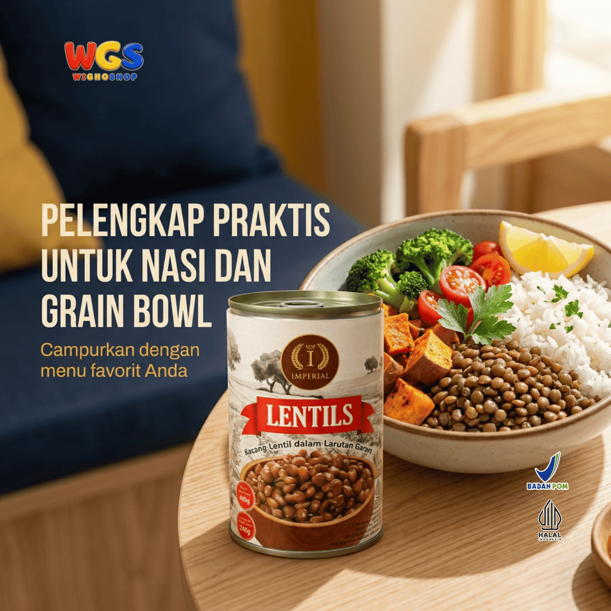 Imperial Lentils 400g - Kacang Lentil Kaleng dalam Larutan Garam Siap Olah untuk Sup Salad Kari Stew