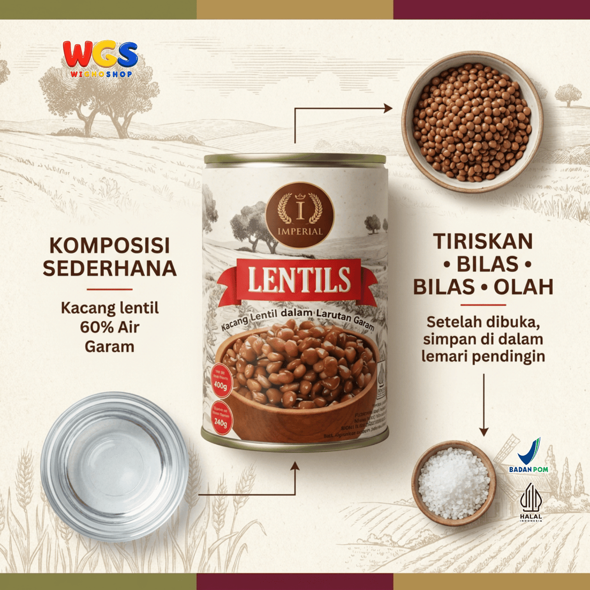 Imperial Lentils 400g - Kacang Lentil Kaleng dalam Larutan Garam Siap Olah untuk Sup Salad Kari Stew