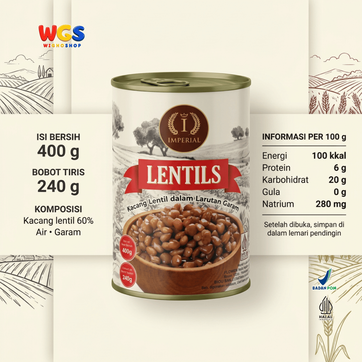 Imperial Lentils 400g - Kacang Lentil Kaleng dalam Larutan Garam Siap Olah untuk Sup Salad Kari Stew
