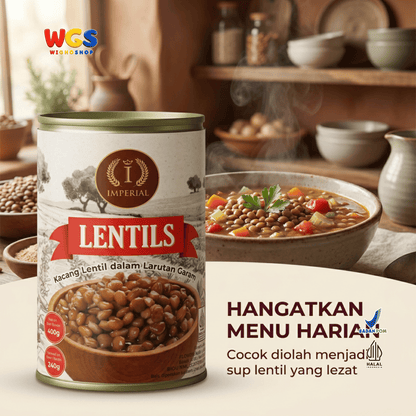 Imperial Lentils 400g - Kacang Lentil Kaleng dalam Larutan Garam Siap Olah untuk Sup Salad Kari Stew