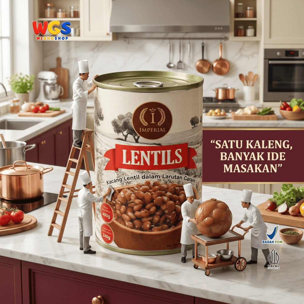 Imperial Lentils 400g - Kacang Lentil Kaleng dalam Larutan Garam Siap Olah untuk Sup Salad Kari Stew