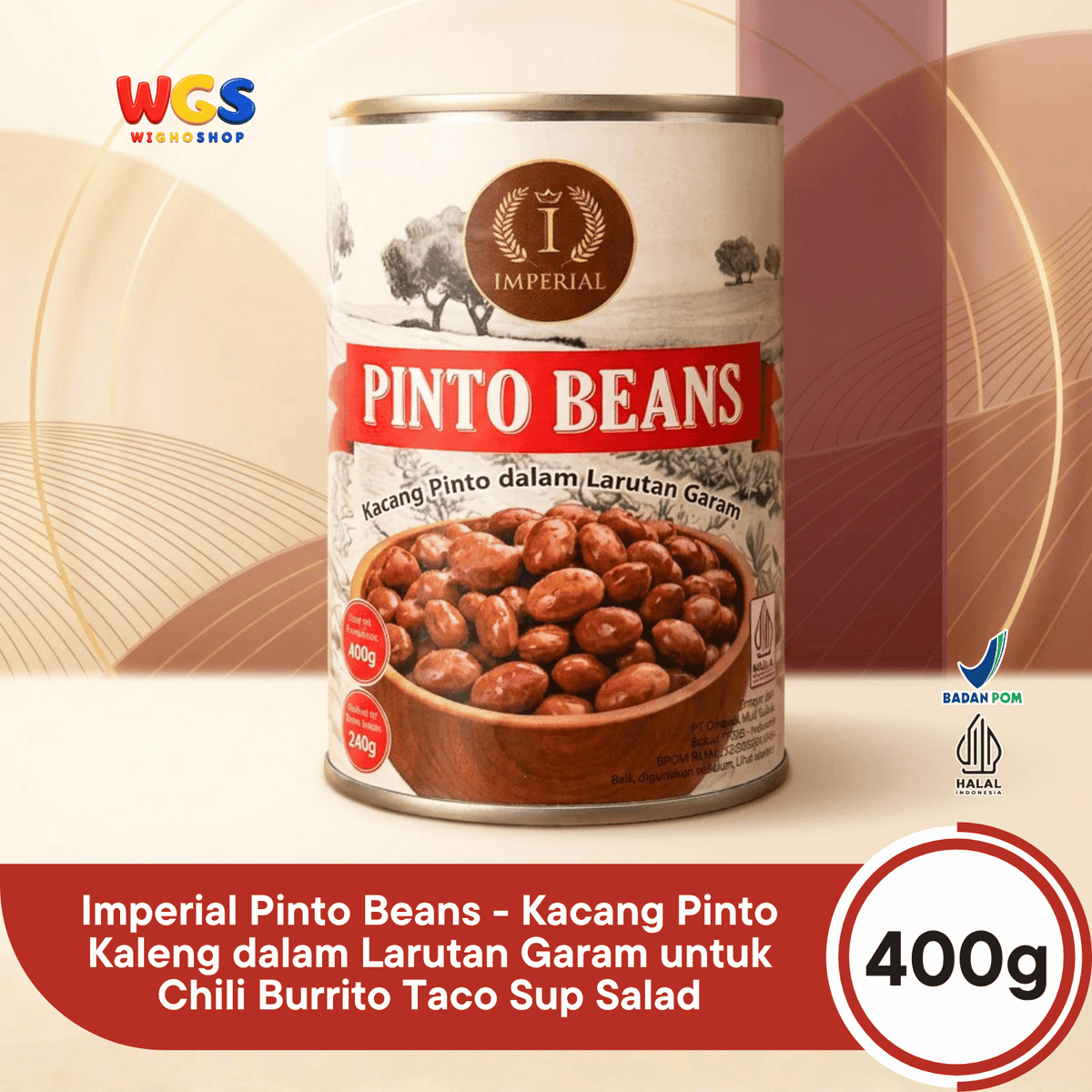 Imperial Pinto Beans 400g - Kacang Pinto Kaleng dalam Larutan Garam untuk Chili Burrito Taco Sup Salad
