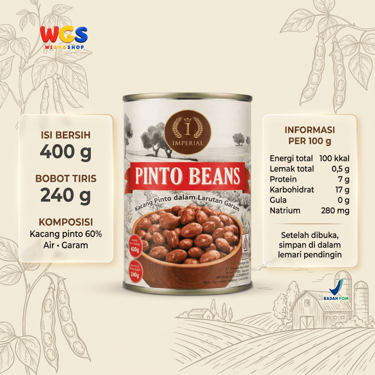 Imperial Pinto Beans 400g - Kacang Pinto Kaleng dalam Larutan Garam untuk Chili Burrito Taco Sup Salad