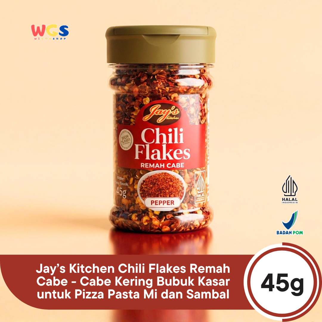 Jay’s Kitchen Chili Flakes Remah Cabe 45g - Cabe Kering Bubuk Kasar untuk Pizza Pasta Mi dan Sambal